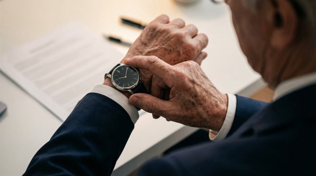 watch, time, businessman, suit, office, schedule, appointment, senior, wrist, checking, management, document, paper, professional, lawyer, meeting, waiting, formal, punctuality, indoors, ai generated